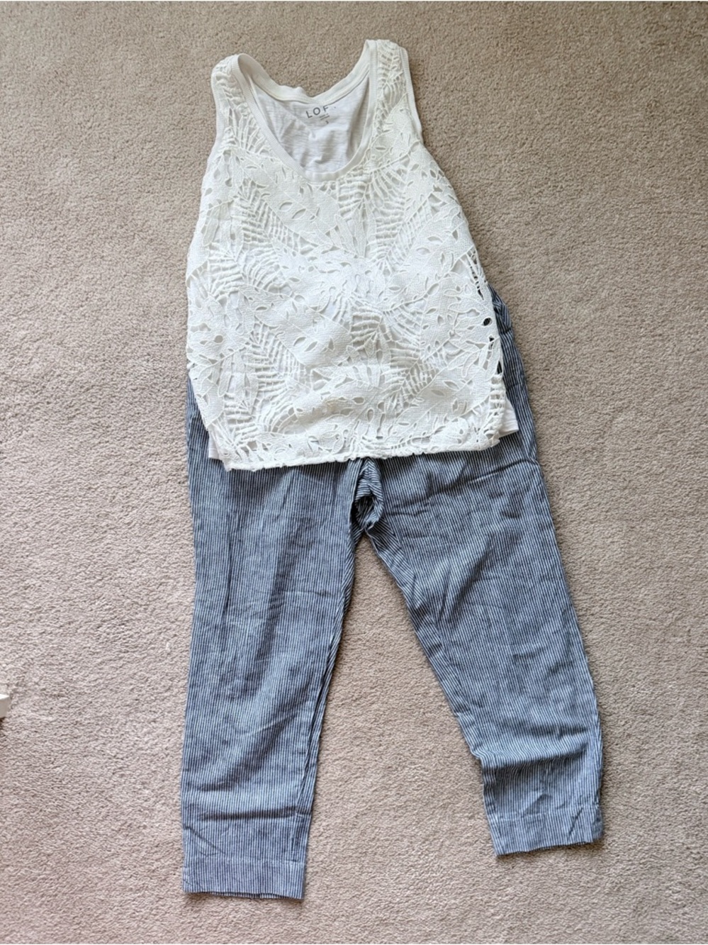LOFT Cream Crochet Tank with Banana Republic Blue-white Pinstripe Cropped Pants